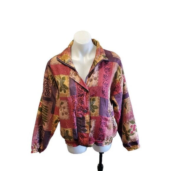 Vintage Stunt Sports 100% Silk Patchwork Jacket Small Boho 90 Bomber Flora Fruit - Picture 1 of 12